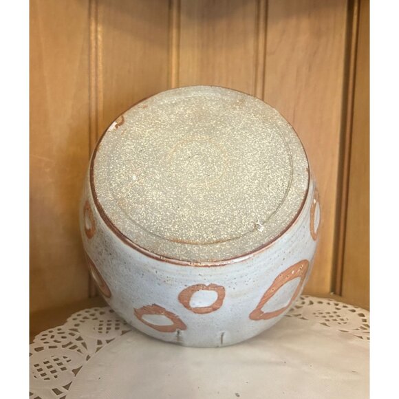 Studio Pottery Rustic Ceramic Bowl Gray Brown Abstract Circular Polka Dot Patter - Picture 3 of 7